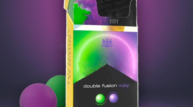 Colorful green and orange cigarette pack advertising double fusion capsule flavors, photographed against a moody purple background