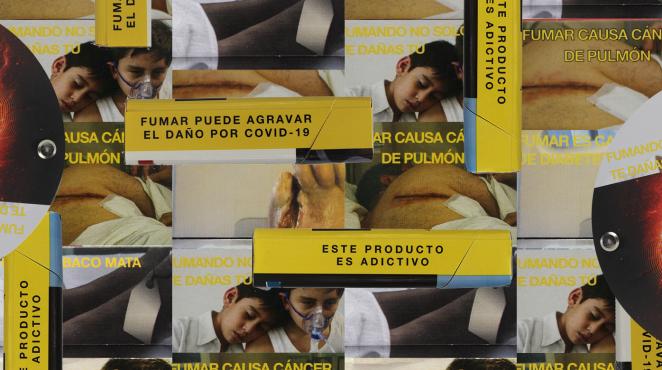 Collage of health warning labels from tobacco product packaging collected in Mexico