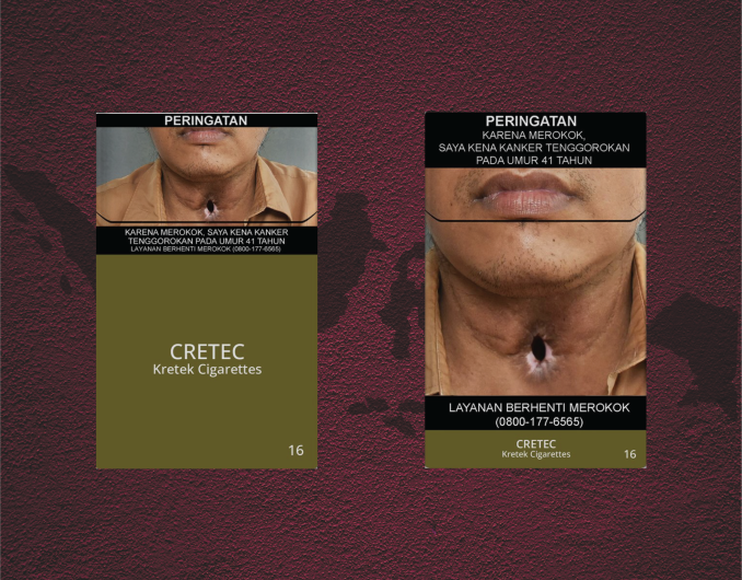 A sample of a plain tobacco package from Indonesia on a maroon background