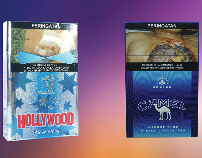 Two blue tobacco packs from Indonesia on a purple and orange background