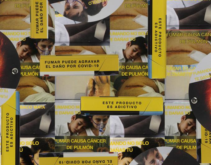 Collage of health warning labels from tobacco product packaging collected in Mexico