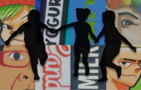 Silhouettes of three children with images from e-cigarette packaging in the background